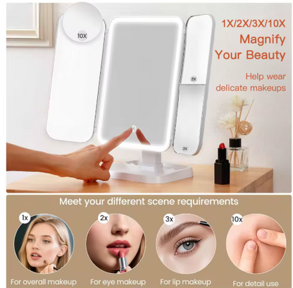 Trifold LED Makeup Mirror with Touch Control & 2X/3X Magnification – Bright, Lightweight & Perfect for Daily Beauty Routines